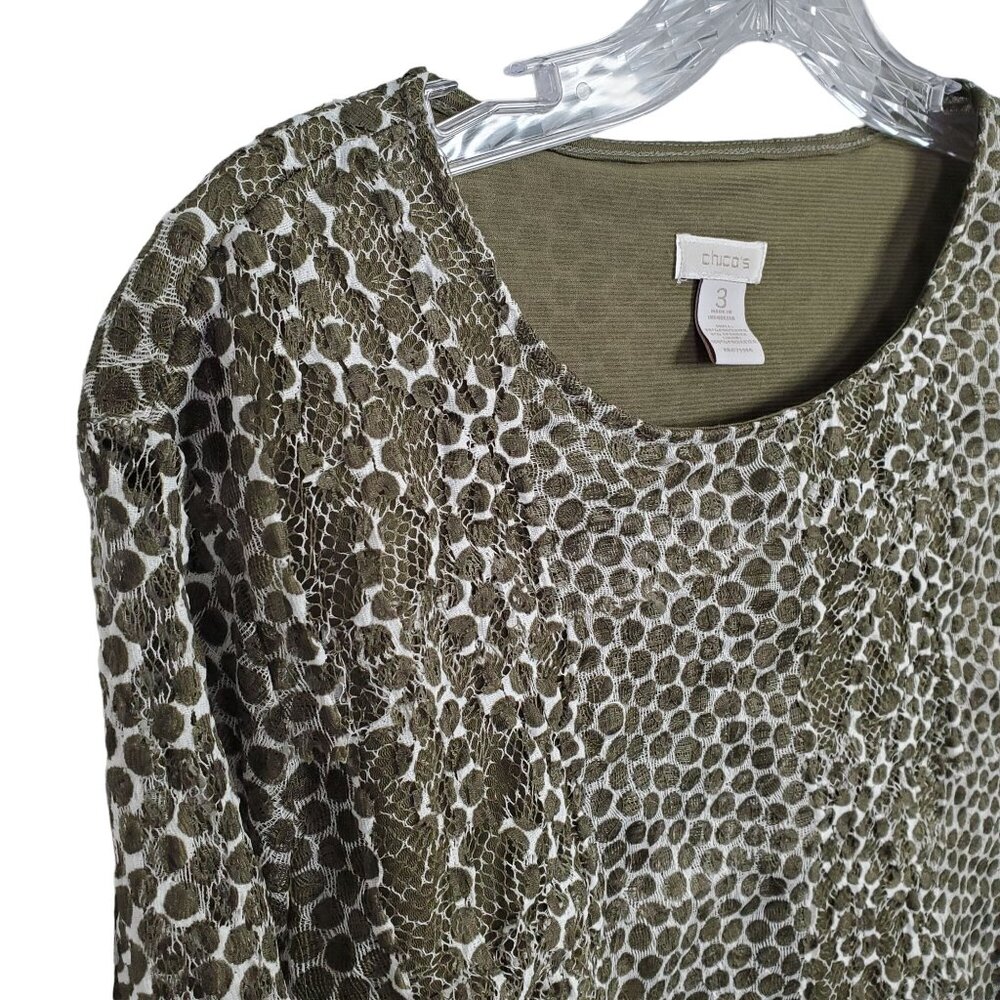 Chico's 3 Size XL Shirt Layered Ruffle Polka Dot Multi Mesh Lace Long Sleeves - Picture 6 of 9